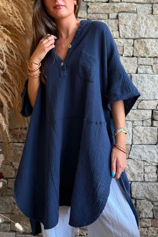 Tasha Cushion Cotton Oversized Shirt Tunic Navy